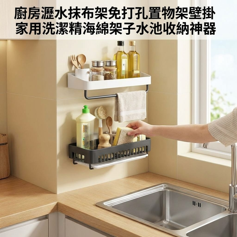 免打孔壁掛廚房抹布架洗滌收納海綿置物架