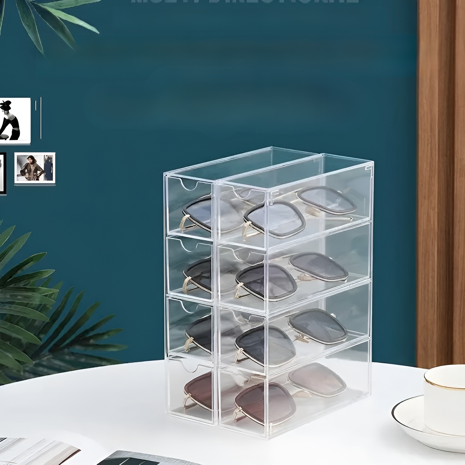 アクリル製収納ボックス、透明プラスチック製メイクブラシ収納ボックス、デスクトップ用防塵引き出し式メガネディスプレイボックス