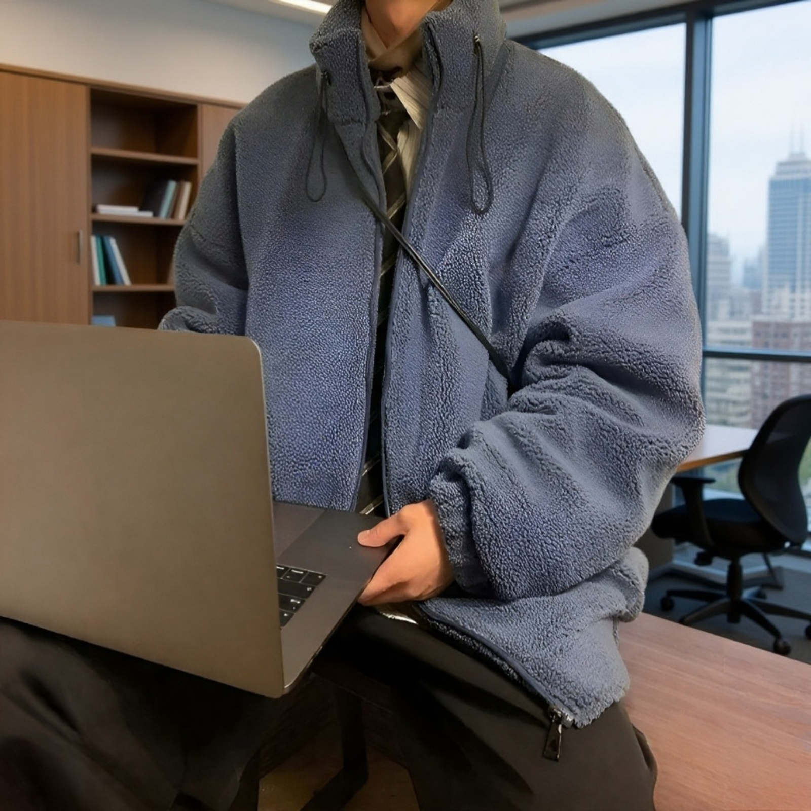 Japán stílusú állógalléros báránygyapjú pamut kabát tinédzsereknek, laza fazonú egyszínű