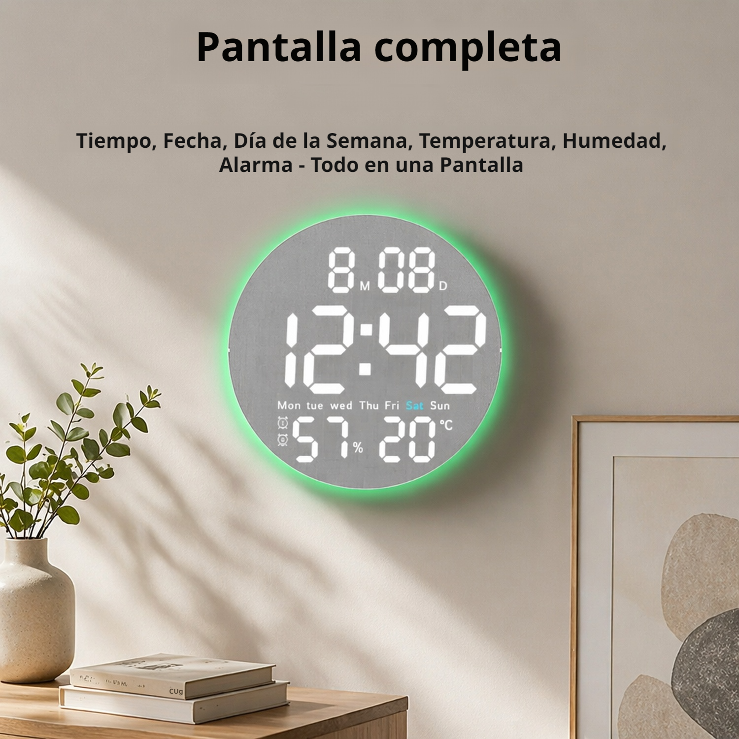 Reloj de pared LED moderno, textura cálida de madera/tela, efecto de luz ambiental