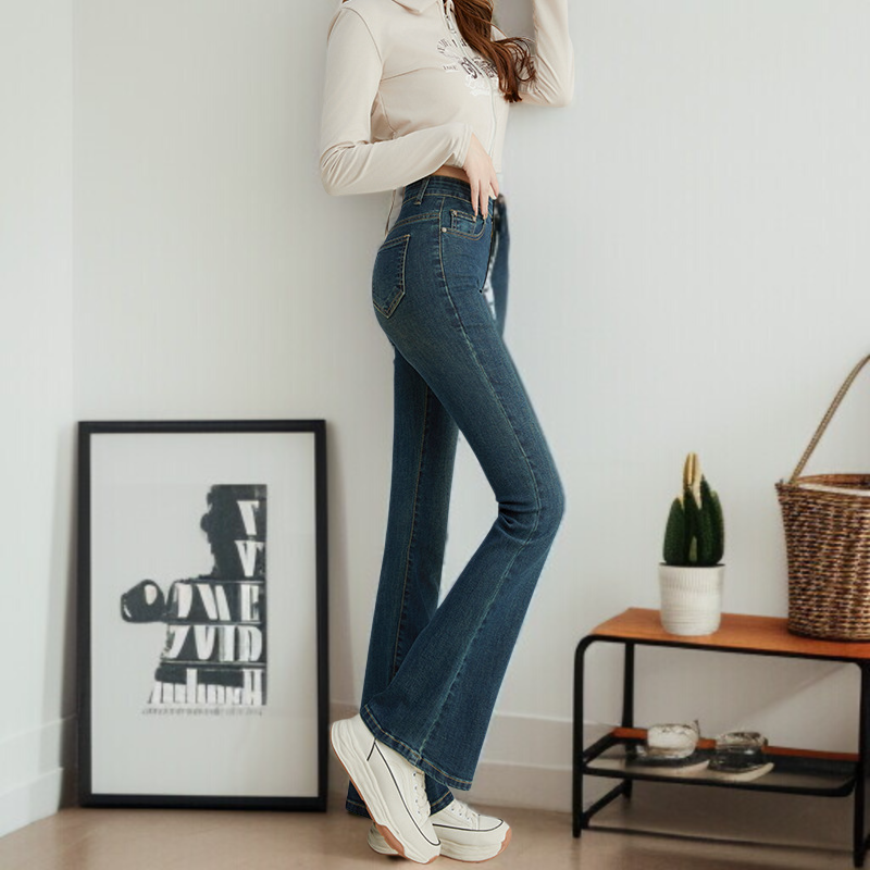 小さめハイウエストワイドジーンズ女性春春スリム細めマイクロフレアワイドパンツ