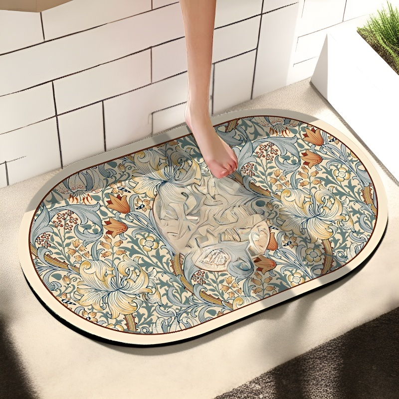 Quick Dry Diatomaceous Earth Non-slip Mat Floral Kitchen Bathroom Dual Use Washable Oval