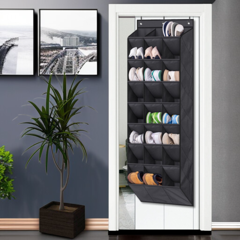 Over-the-door shoe organizer holding various sneakers and sandals