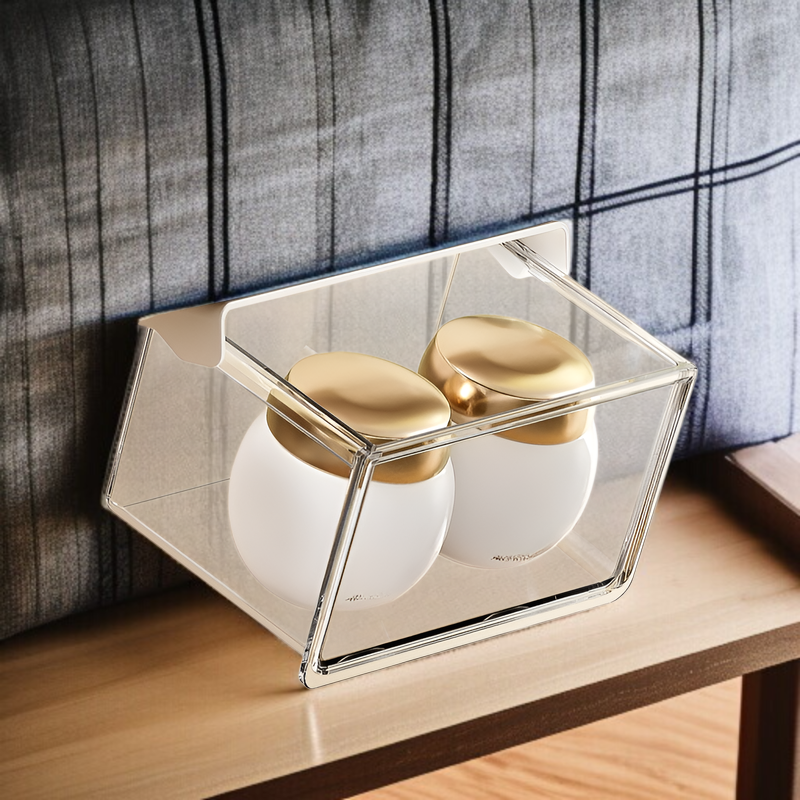 33°の傾斜角度で出し入れしやすいテーブル下収納ボックス。シンプルで透明な引き出し式で、オフィス、トイレ、洗面台、バスルームなどに最適な防水収納ボックスです。