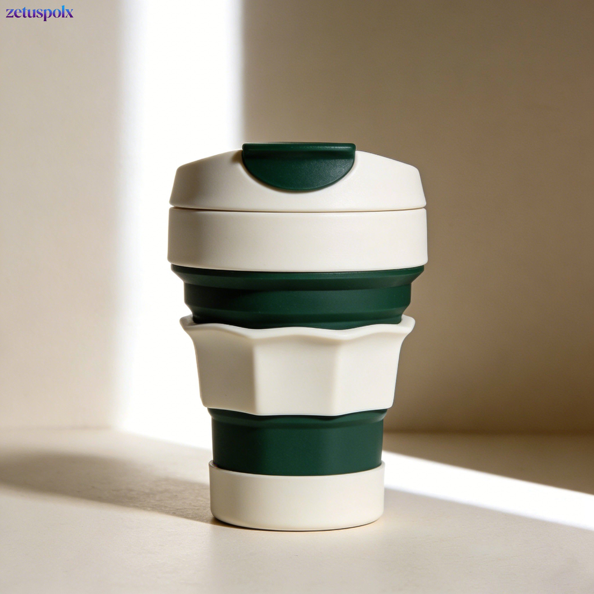 Foldable travel mug collapsed for easy storage