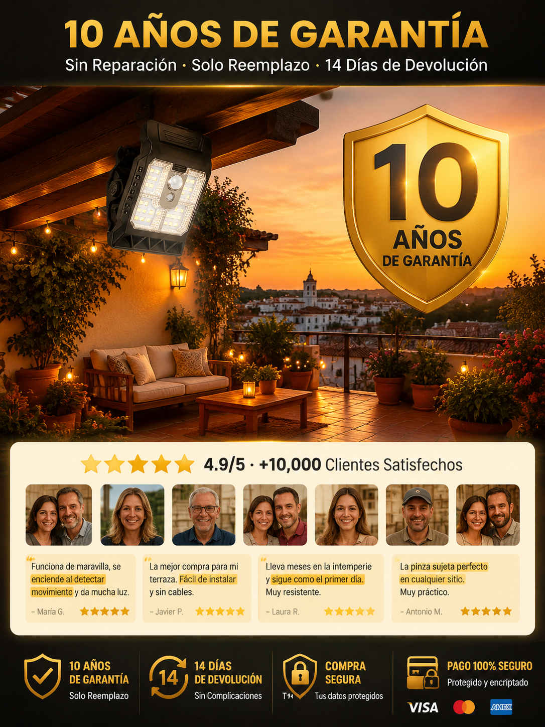 Foco Solar Radar IP65: Pinza de 1s y 10 años con 0€ de luz！