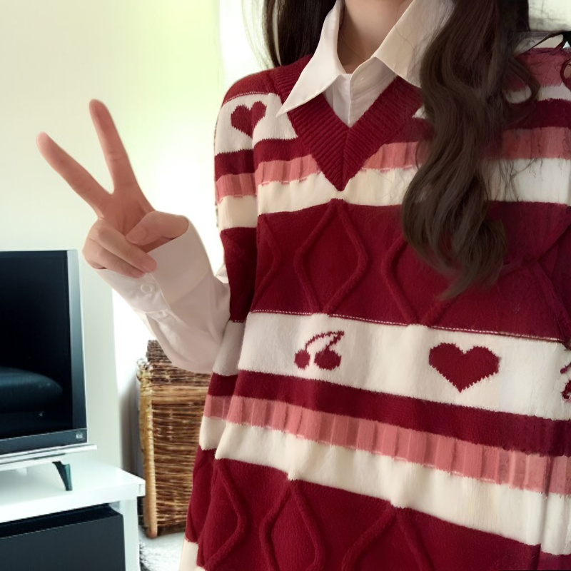 女子学生ニット・ジャンパー ストライプVネックセーター チェリー・ジャカード・クラッシング・セーター 女性学生ニットベストセーター