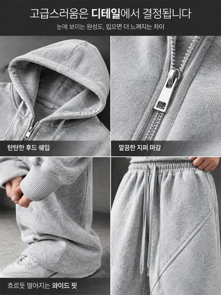 미국식 단색 지퍼업 스웨트셔츠 세트