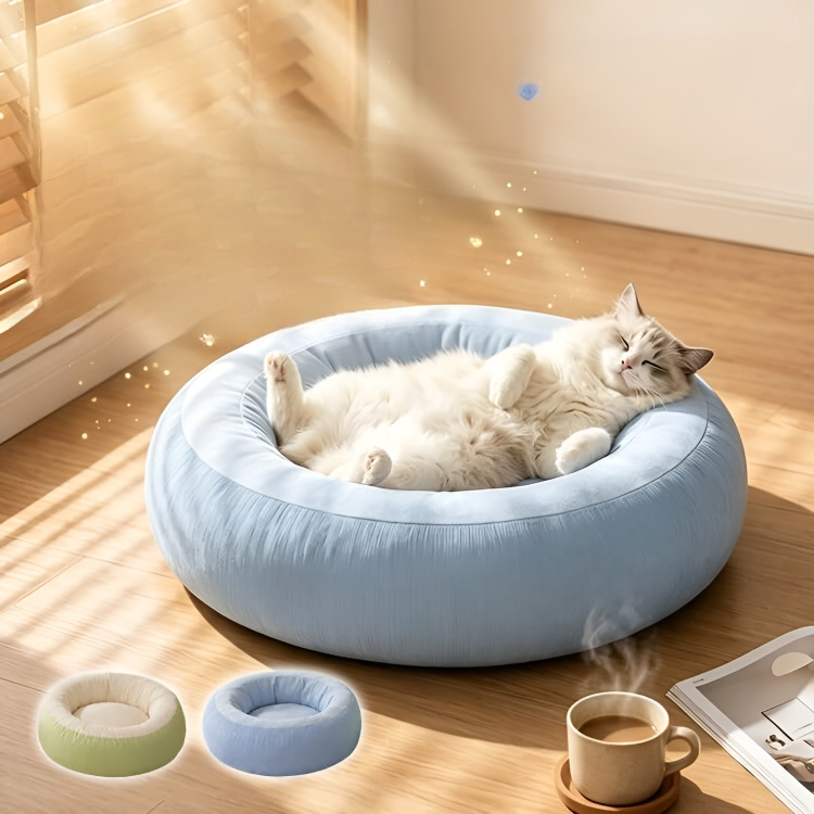 全面包みペットベッド、ドーナツ型デザイン、猫や犬の快適な睡眠に最適