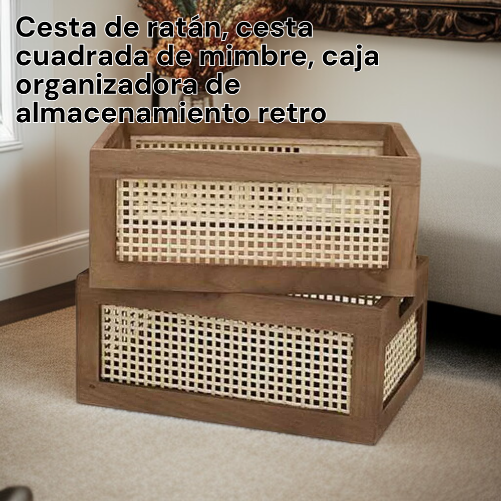 Organizador de mimbre cuadrado, canasta decorativa de ratán