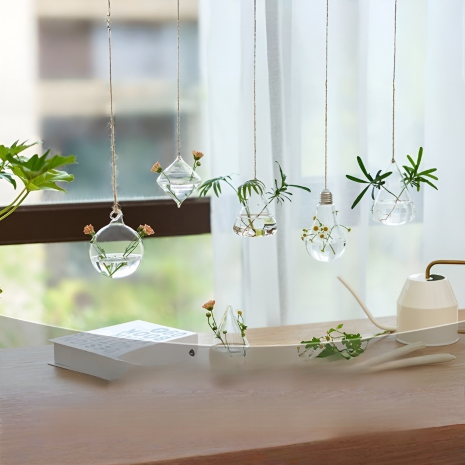 Récipient suspendu pour fleurs hydroponiques en verre transparent