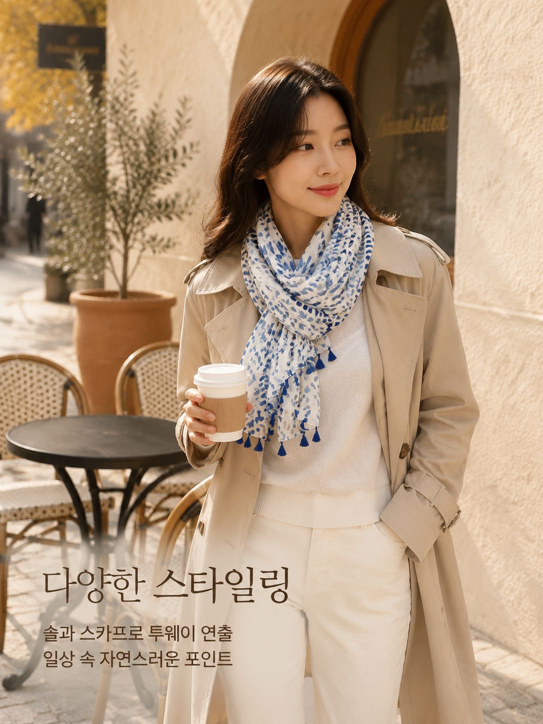 블루 잉크젯 도트 스카프 여 여름 나들이 자외선 차단 숄 봄 가을 얇은 면 마 스카프 투웨이 스카프