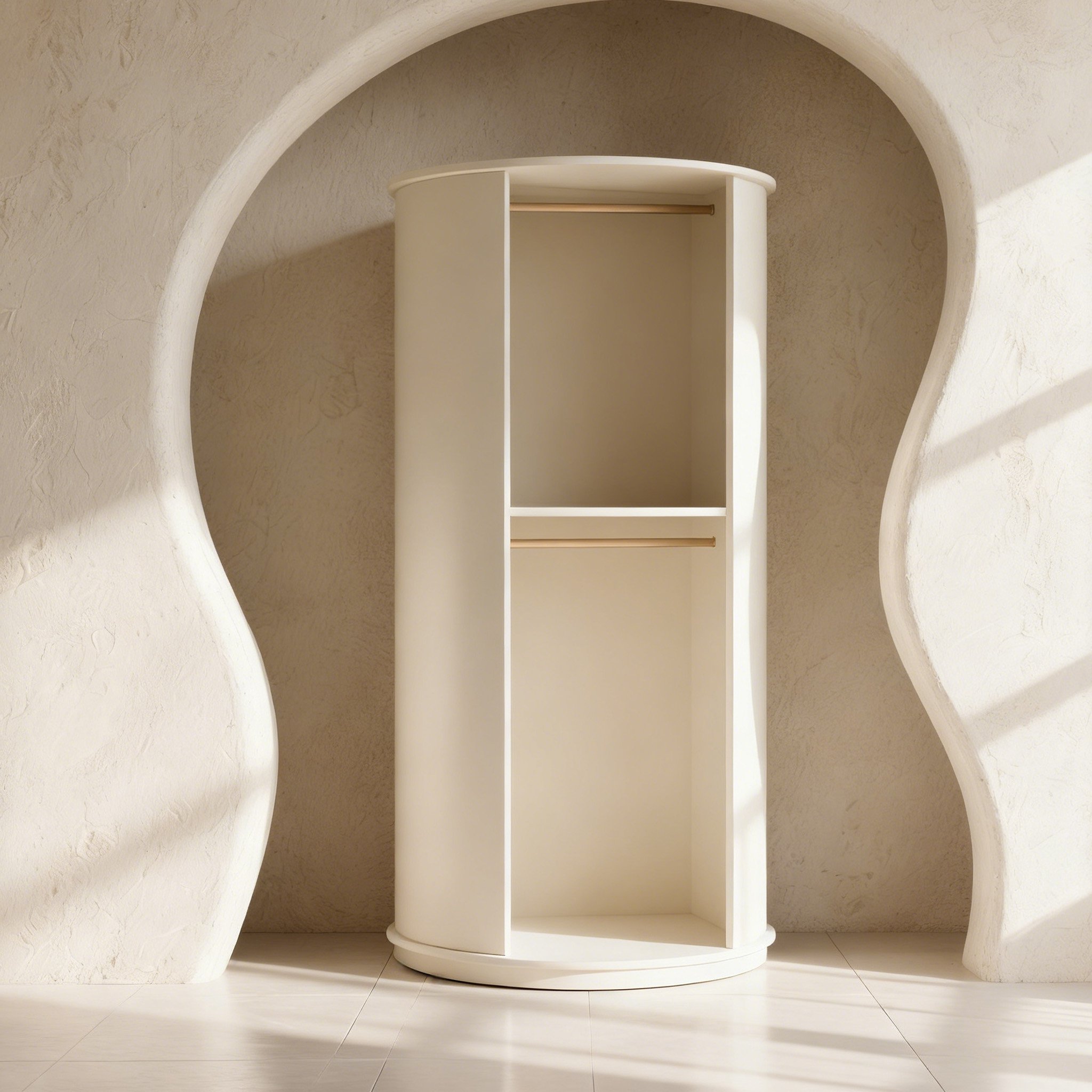 ตู้เสื้อผ้าไม้แบบโค้งทันสมัยในห้องนอนสไตล์โมเดิร์น