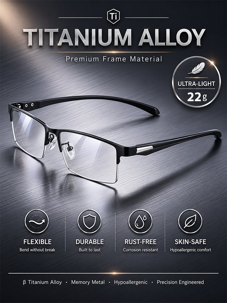 Ultra-light Titanium Alloy Smart Photochromic Half-frame Reading Glasses