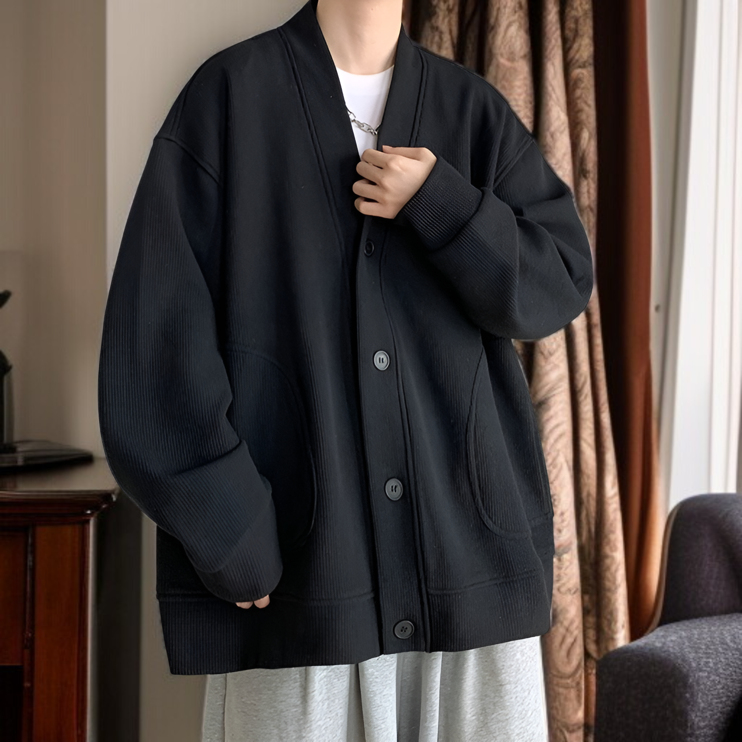 春と秋に着用する男性用のレイジースタイルのウールカーディガンジャケット、Vネックのアメリカンジャケットを備えた先進的な若々しいフードなしセーター