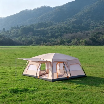 Spacious two-room family camping tent set up outdoors