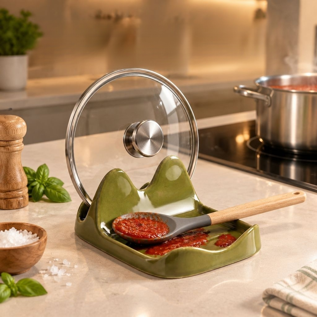 Ceramic Pot Lid & Cutting Board Rack Kitchen Countertop Spoon Rest Organizer