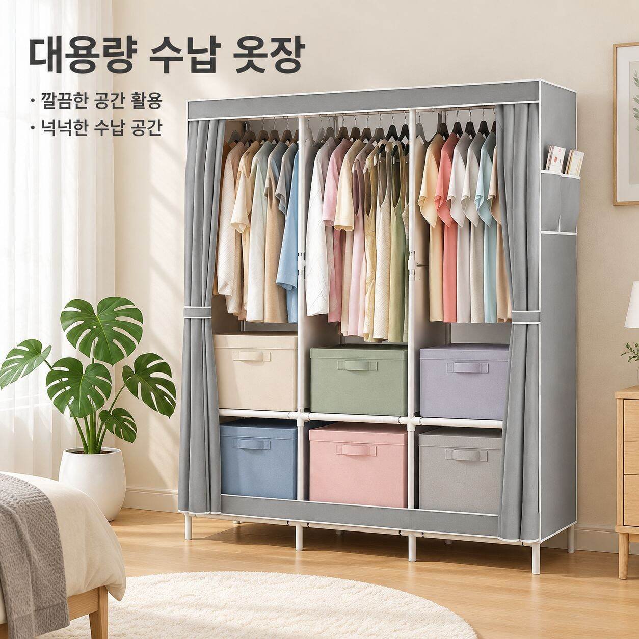 강화 스틸 프레임의 심플한 패브릭 수납 옷장