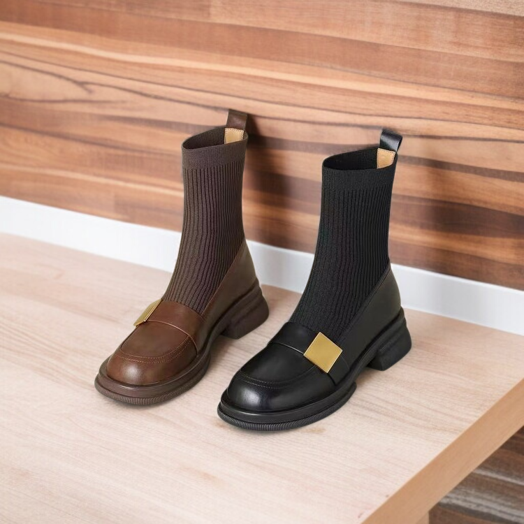 앵클부츠 여학생 니트 스판 슬림부츠 라운드 플랫 굽 워커부츠 앵클부츠 여학생 라운드 플랫 통굽 워커