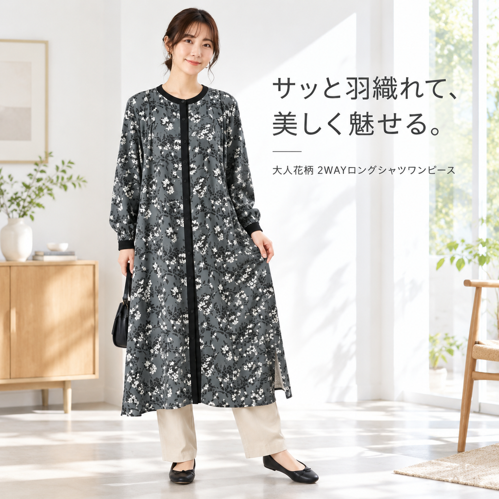花柄クルーネックロングシャツドレス