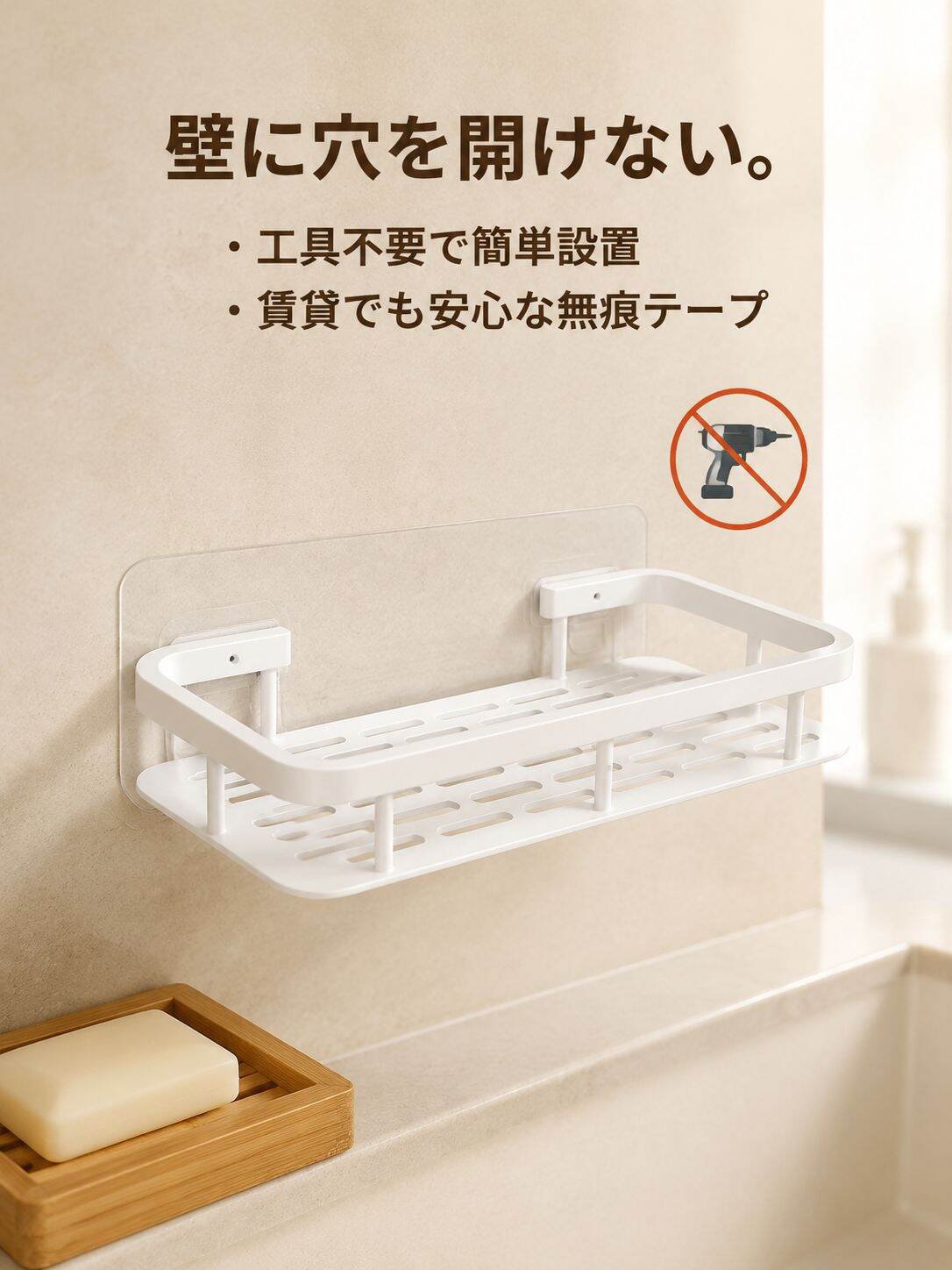 バスルーム穴あけ不要水切り壁掛けラック