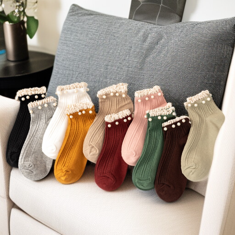 심플한 순색 진주 레이스 여성 면양말