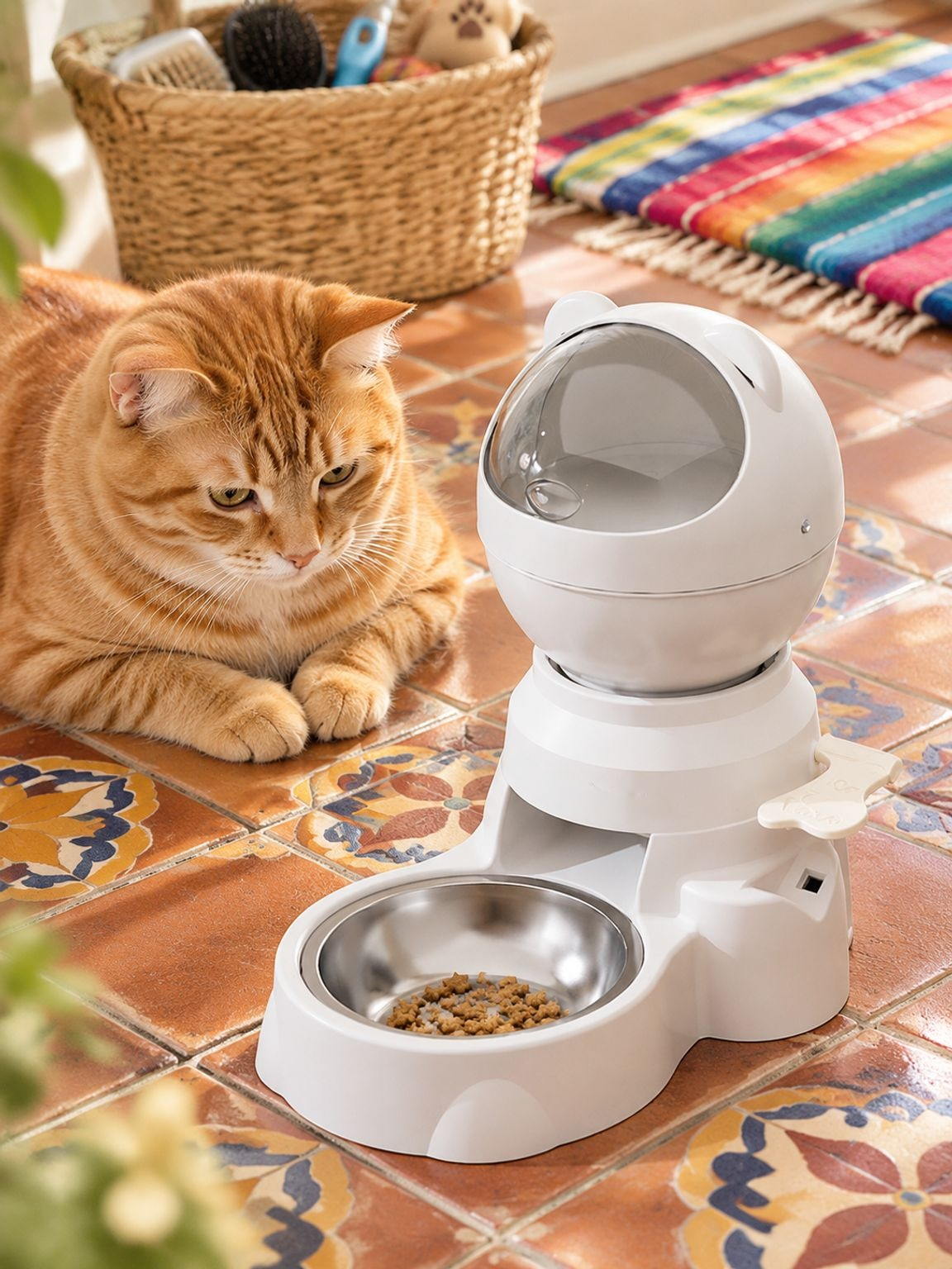 Vista frontal de comedero automático para mascotas