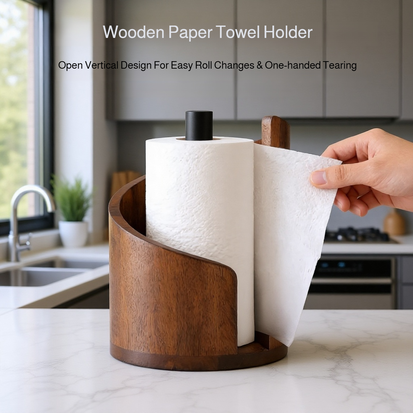 Close-up of round wooden tissue organizer design