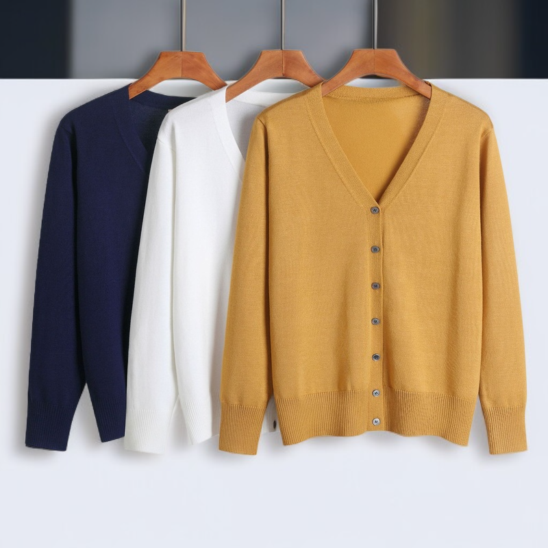 シンプル無地長袖ニットカーディガン、エレガントで合わせやすいレディースアウター