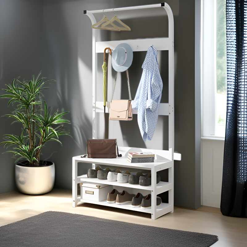 Wooden Hallway Stand with Integrated Hooks and Shoe Rack