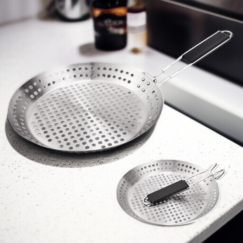 휴대용 Bbq 불판 야외 접이식 야채판 원형 펀칭 불판 나무 손잡이 야외 바베큐 접시