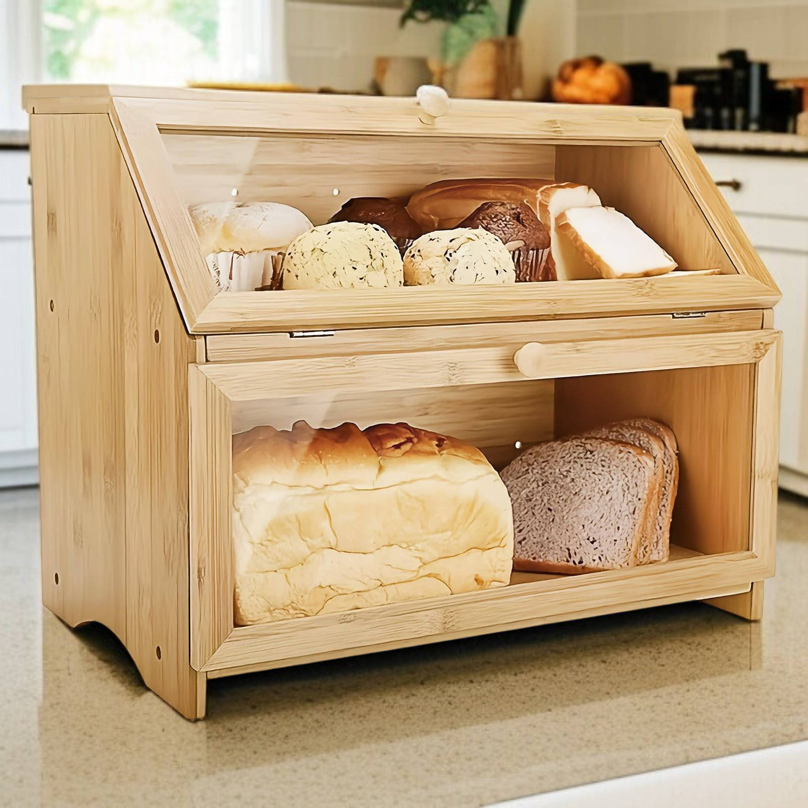 Double-layer bamboo bread box acrylic detachable fruit storage box solid wood snack bread box storag