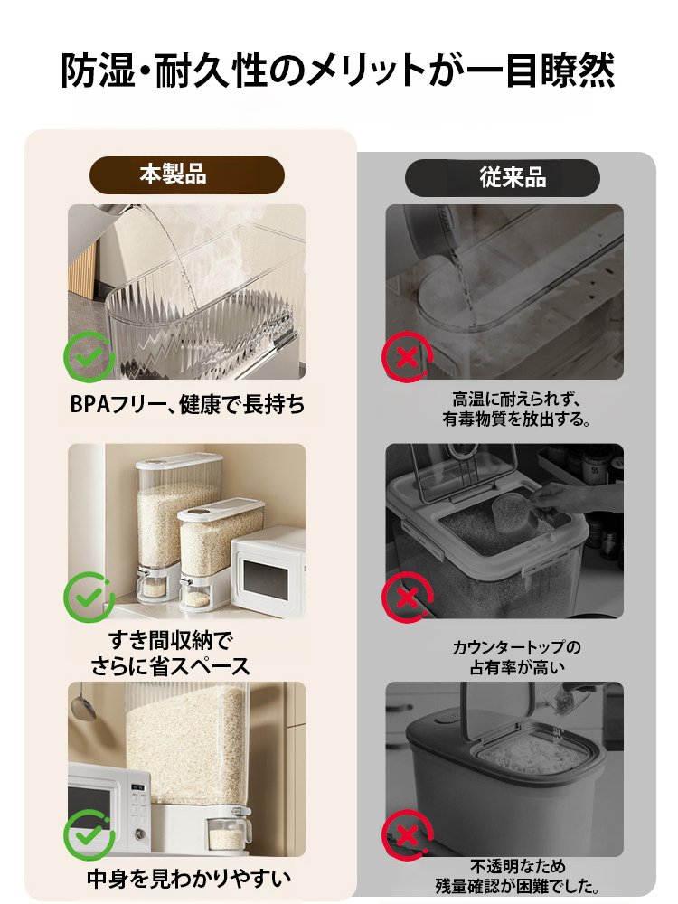 省スペース設計、防虫ケース付き スリムプッシュ式米び