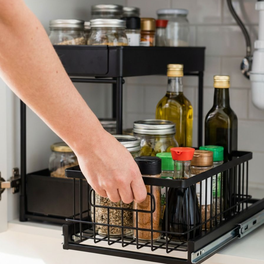 캐비닛 내부에 이중으로 당겨서 꺼낼 수 있는 수납 선반