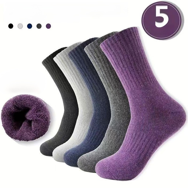 Calcetines de mujer de lana gruesa, paquete de 5 pares, otoño e invierno, cálidos y afelpados