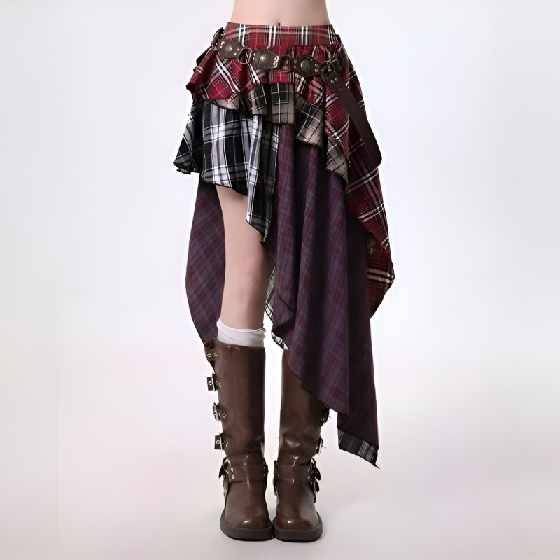 Retro Asymmetrical Plaid Skirt