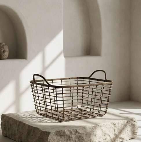 和風デザインの鉄製収納バスケット正面画像