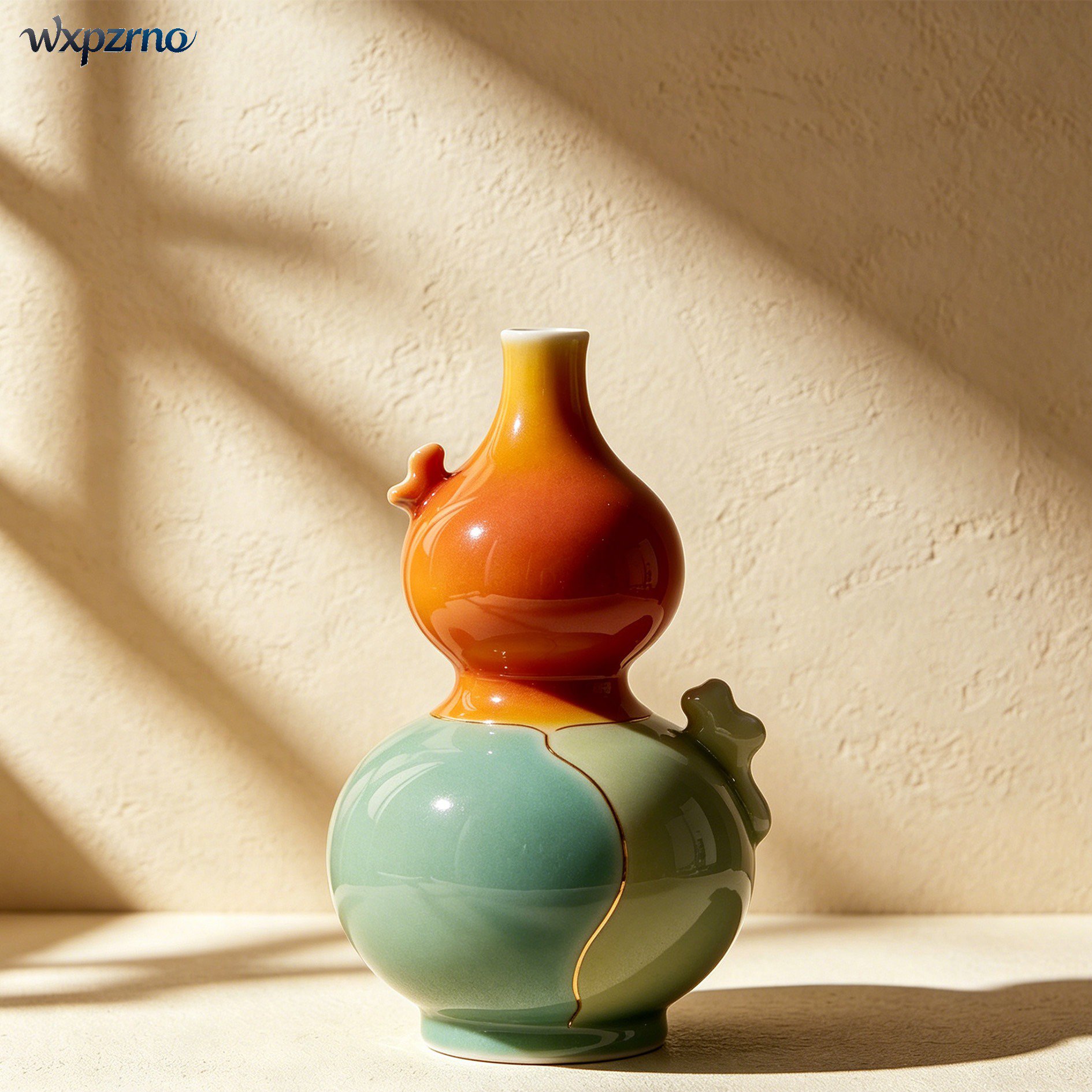 Two-tone gourd-shaped ceramic vases set displayed on table