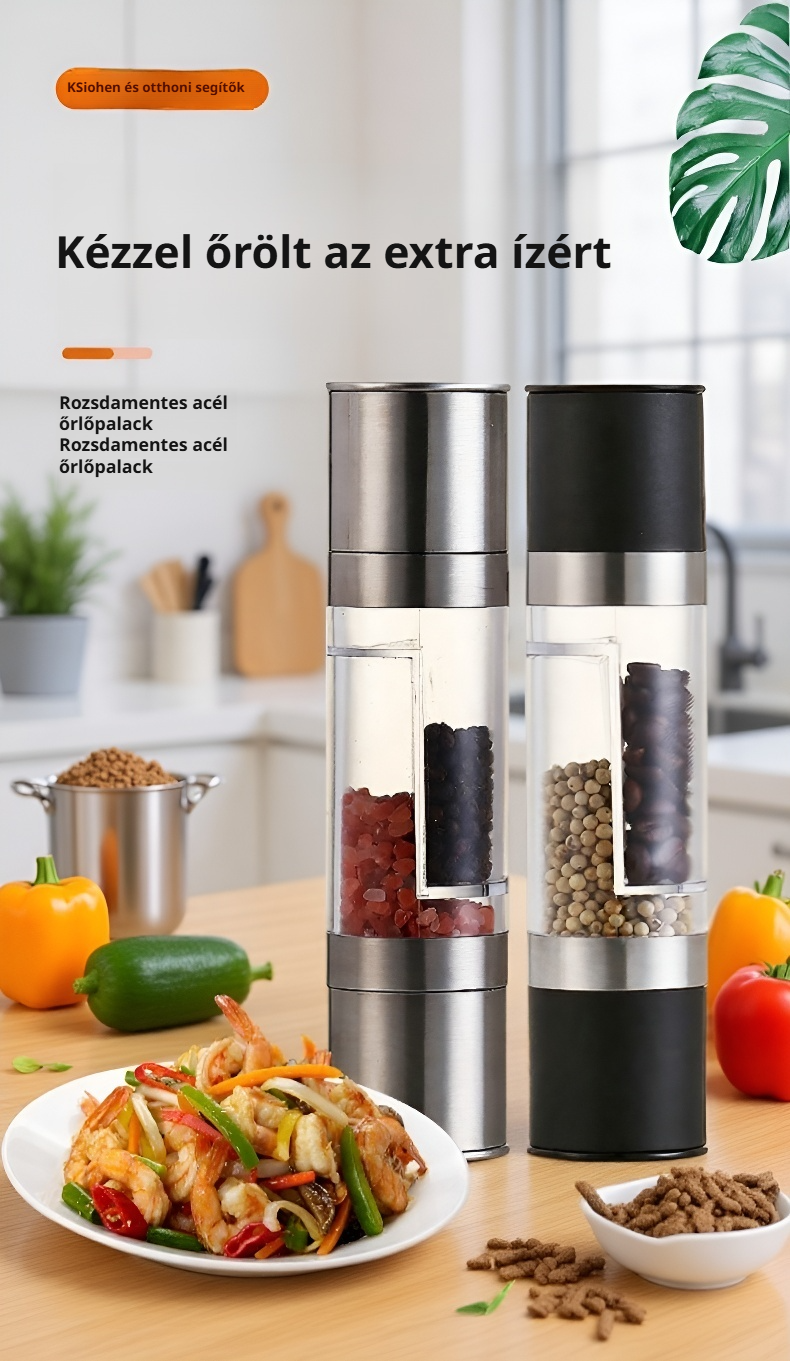 Kézi kétfejű só- és borsőrlő modern designnal