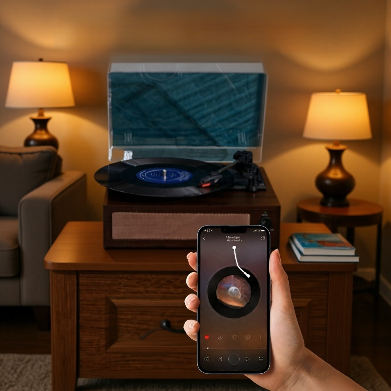 مشغل أسطوانات فينيل خشبي بتقنية بلوتوث مع غطاء مقاوم للغبار بتصميم عتيق على طراز الغراموفون