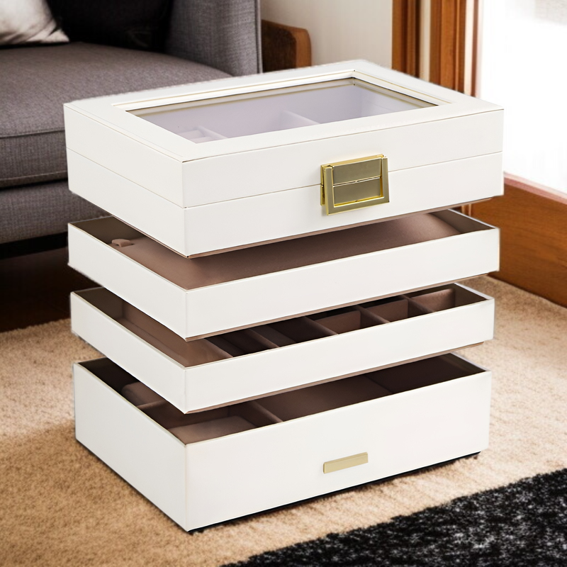 大容量のジュエリーボックス、多層スタッキングトレイ、リング、ネックレス、時計、ジュエリー収納ボックス