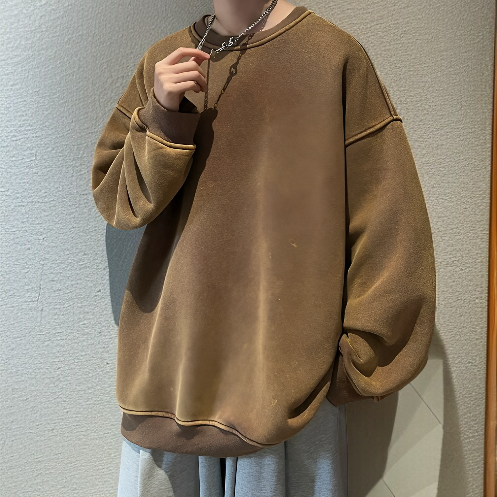 春と秋に着るメンズのタイダイ染めラウンドネックスウェットシャツ、ウォッシュ加工とダメージ加工を施したアメリカンレトロスウェットシャツ、ヘビーウェイトジャケット、トレンドブランド、長袖オーバーサイズスウ