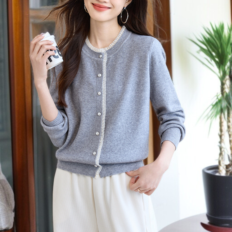 여성 그레이 니트 가디건 아우터 무드 상의 레이스 긴팔 니트