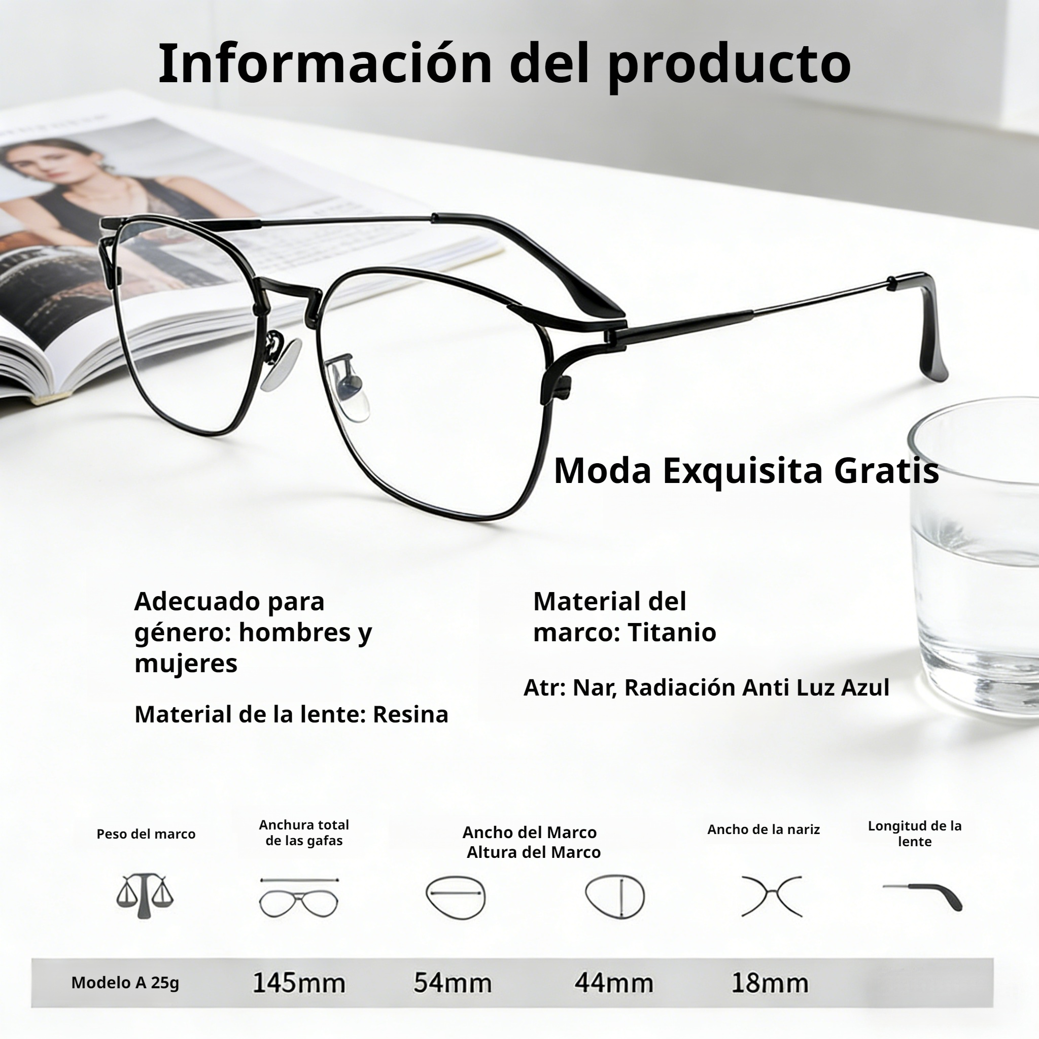 Lentes multifocales antirreflejo de titanio ultraligero con filtro de luz azul