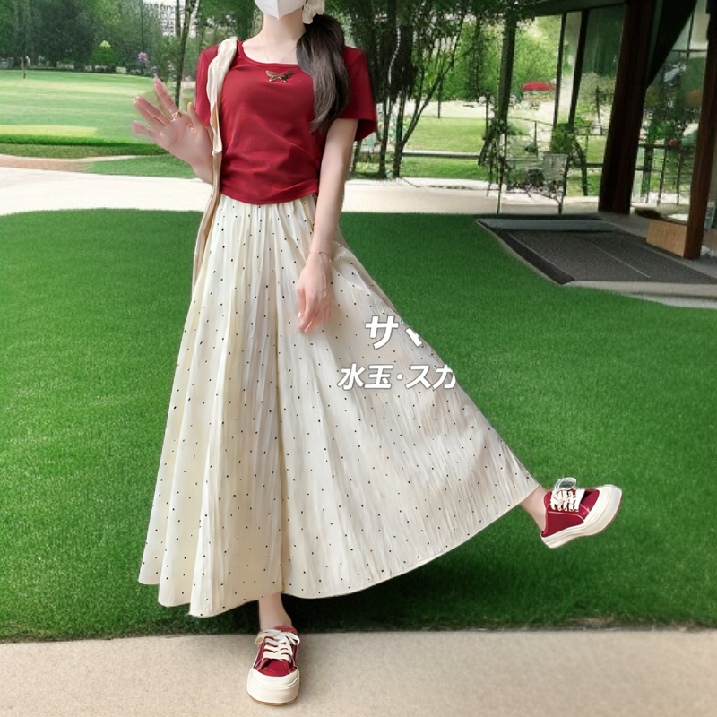 ひっかかり防止・毛玉になりにくいドットワイドパンツ 夏用涼感素材 ハイウエストゴム仕様