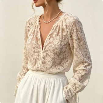 Elegante Damenbluse im europäischen Stil mit floraler Lochstickerei