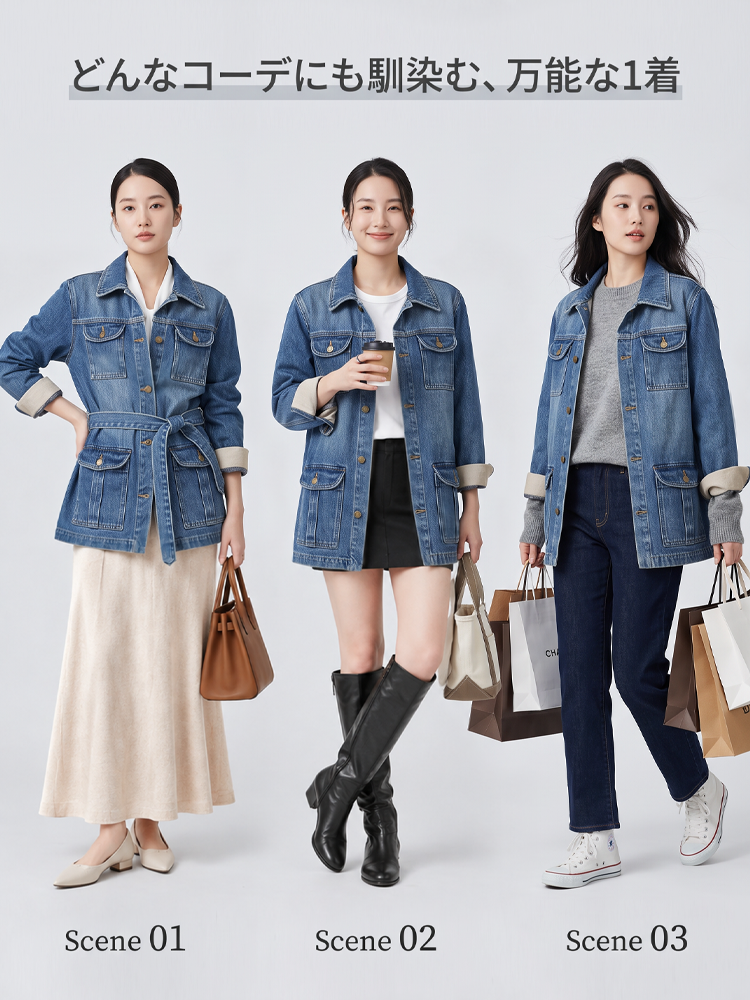 【大人の秋カジュアル】Monolly デニム風アウター | 高見えテクスチャー・きれいめシルエット・着回し抜群