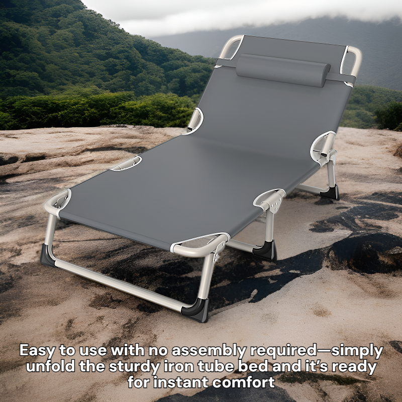 Outdoor three-fold no-assembly iron tube bed with pillow