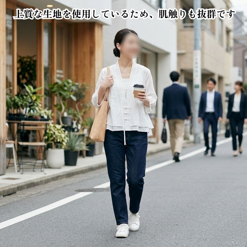 ゆったり紐付き 上品刺繍 チャイナボタン切り替え 七分袖トップス