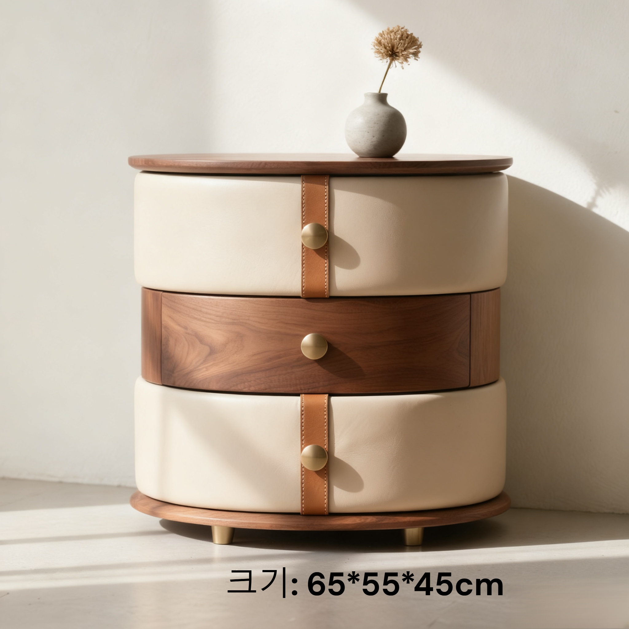 고급 가죽과 나무 원형 서랍장 전체 모습